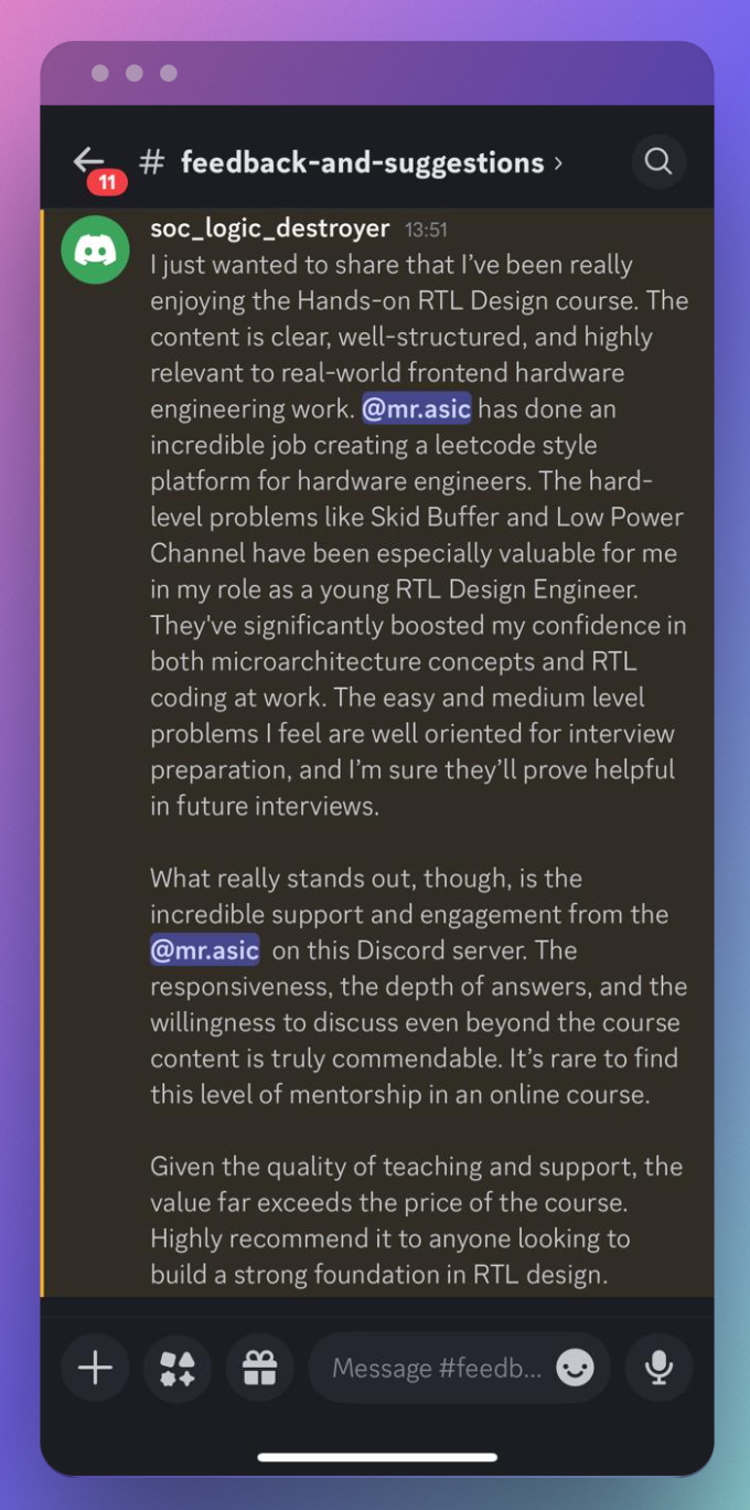A long Discord post recommending the Hands-on RTL Design course