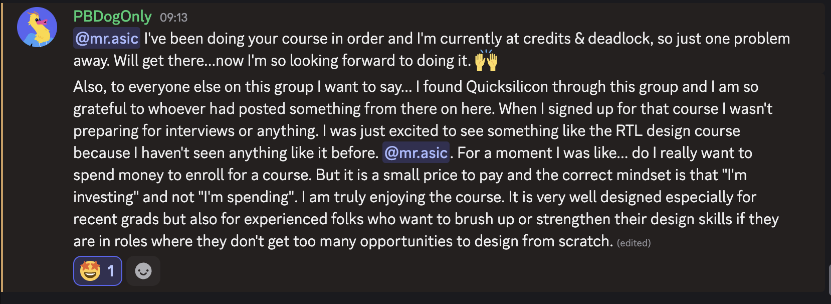 A community member describes the course as an investment rather than a spend