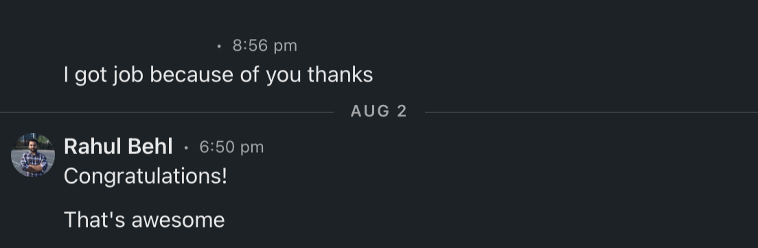 A short message saying they got a job because of the course