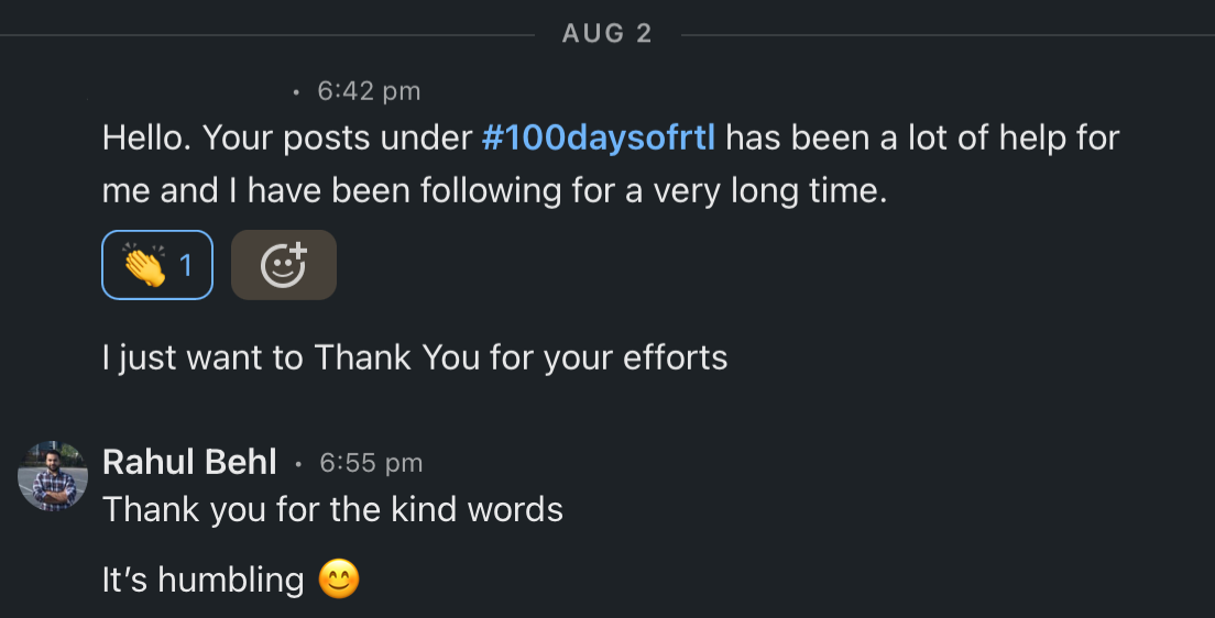 A follower thanks the instructor for the 100daysofRTL posts