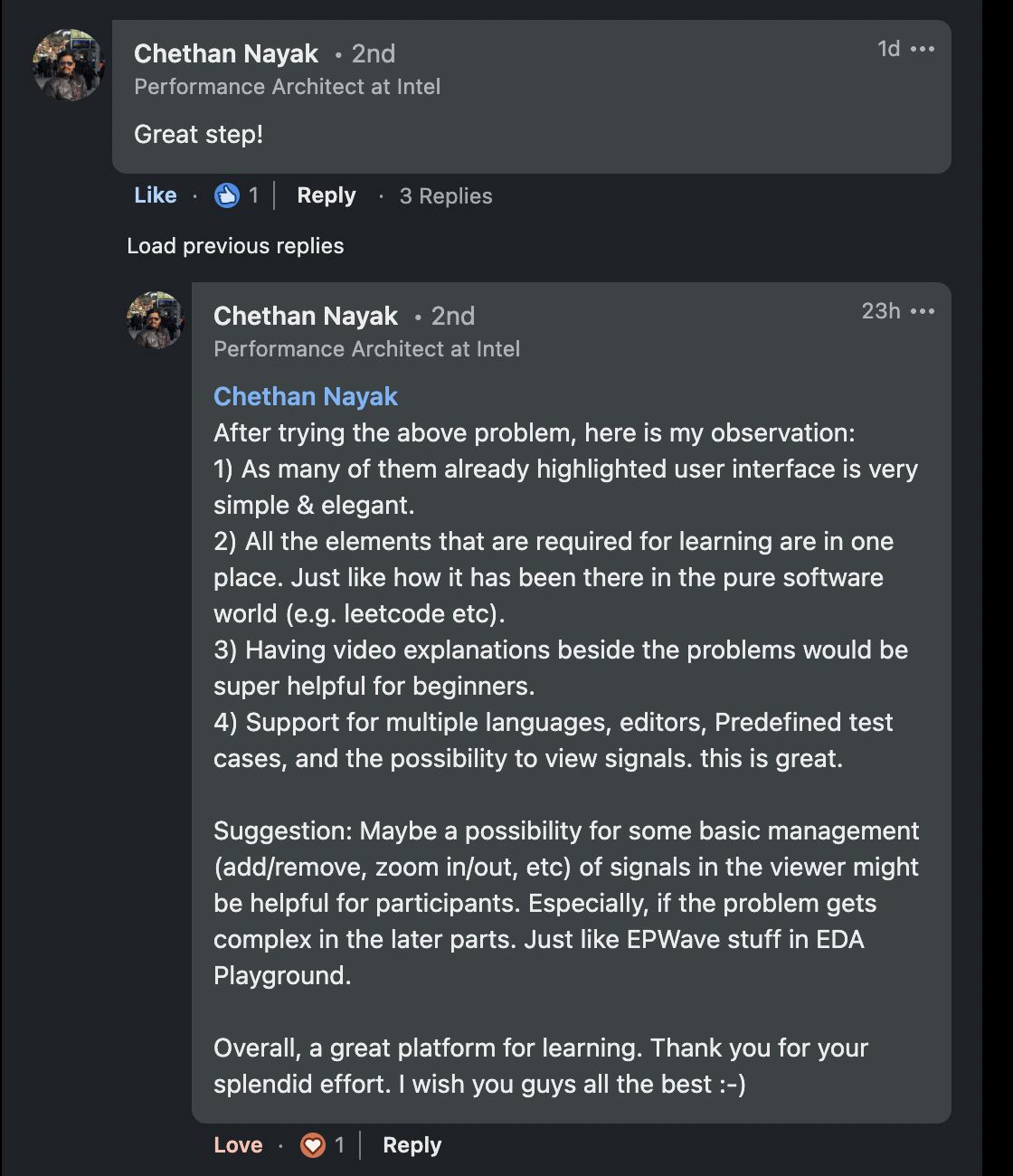 A performance architect at Intel gives detailed feedback on the platform