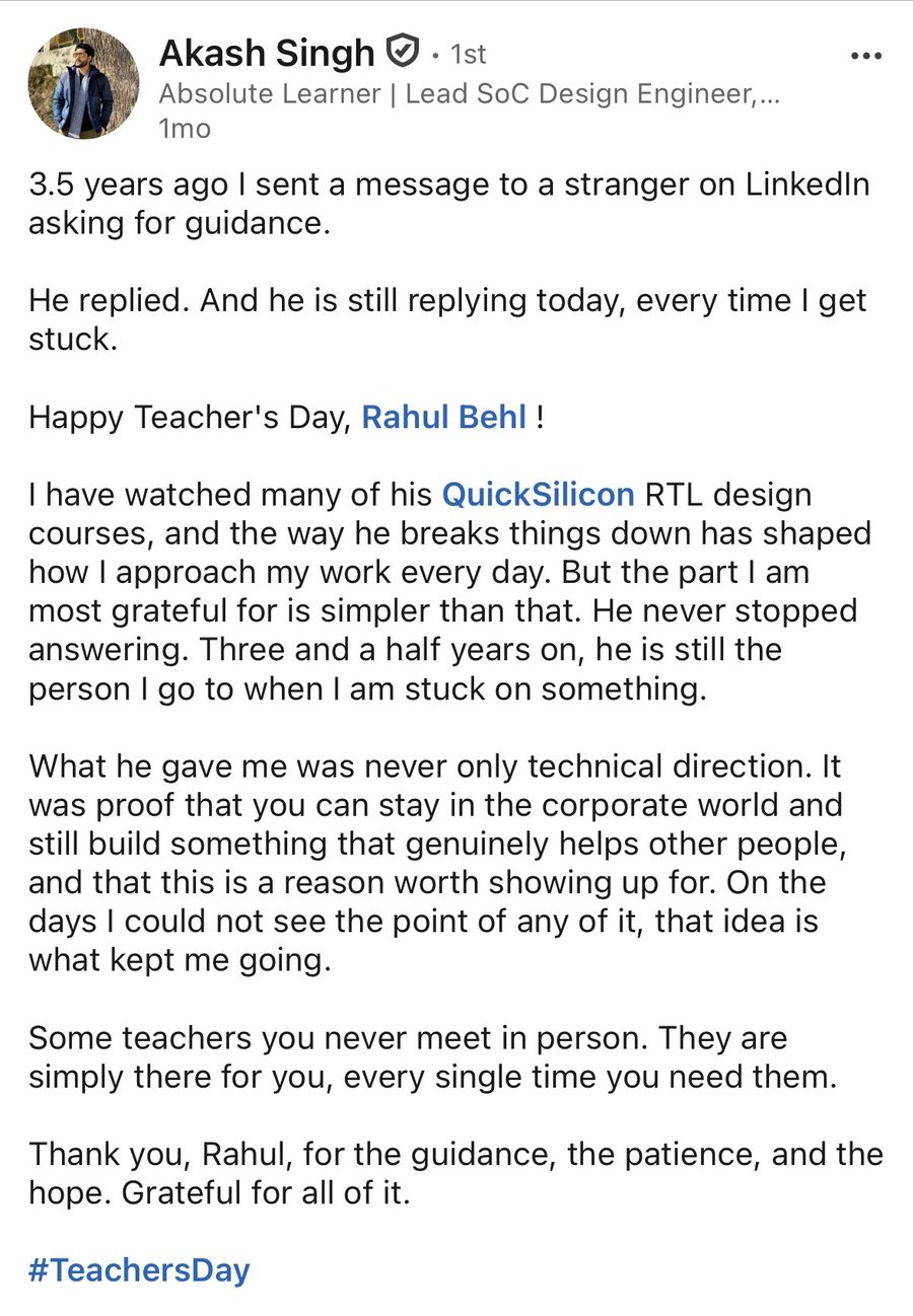 Akash Singh, a lead SoC design engineer, thanks Rahul on Teacher's Day for three and a half years of guidance